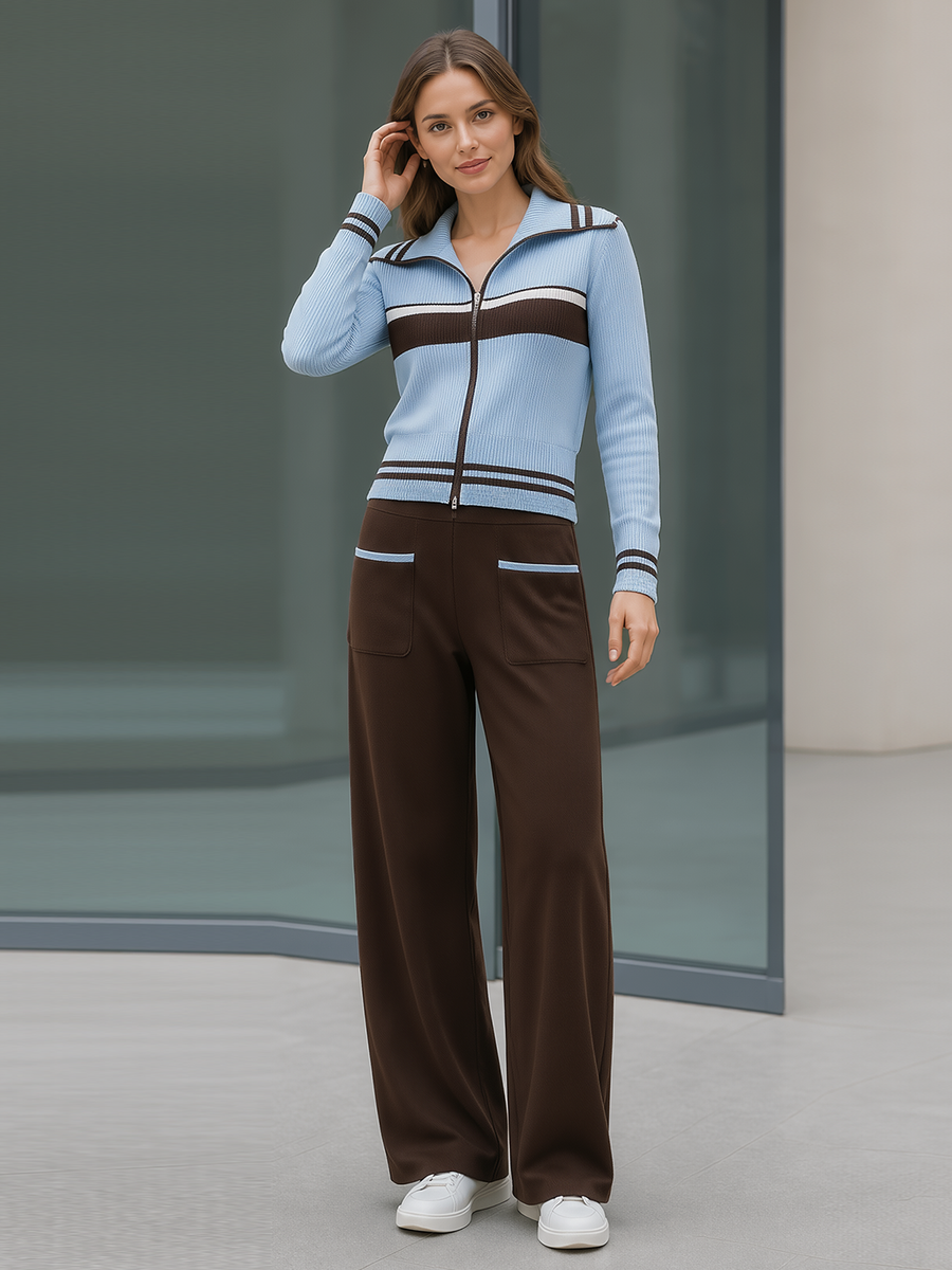 Blue‑Brown Stripe Zip Knit Top & Brown Wide Leg Pants Set
