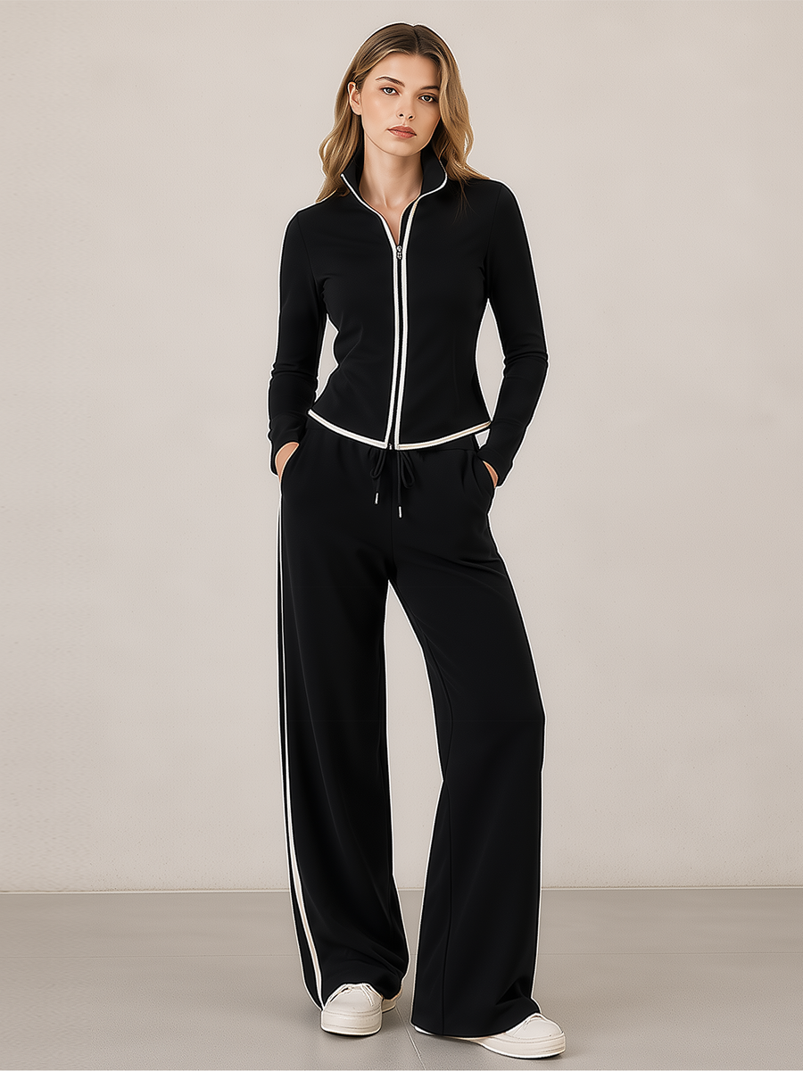 Black White Piping Stand Collar Cropped Zip Jacket & Wide Leg Pants Set