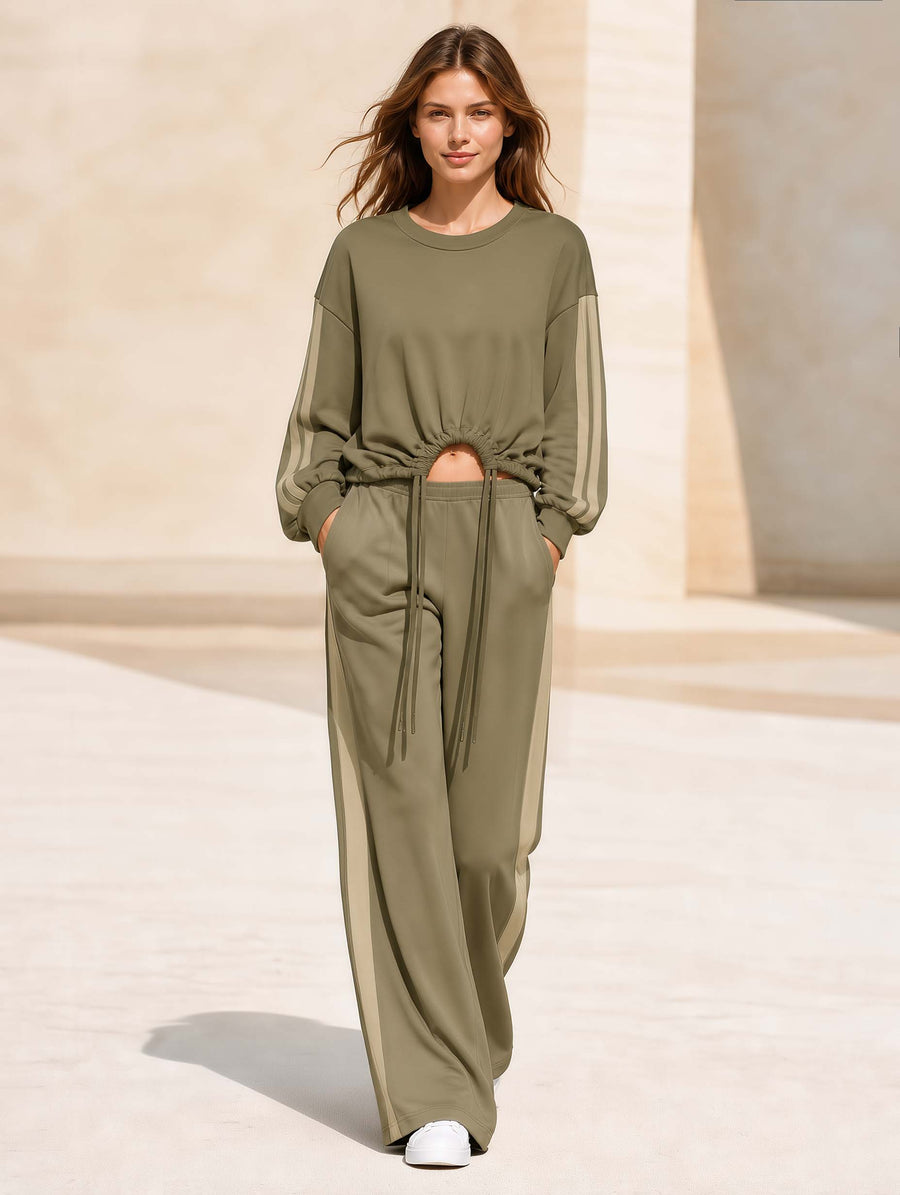 Khaki-green Long-sleeve Top And Trousers Set With Drawstring And Irregular Hem