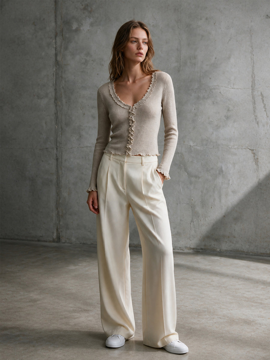 Taupe Ruffle-Trim Ribbed Cardigan & Ivory Wide-Leg Pants Set