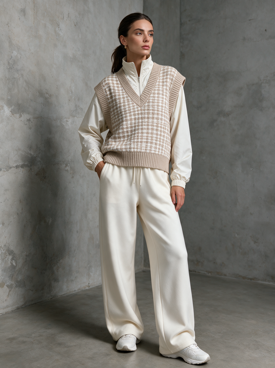 Beige Houndstooth Knit Vest & Cream Wide-Leg Pants Set