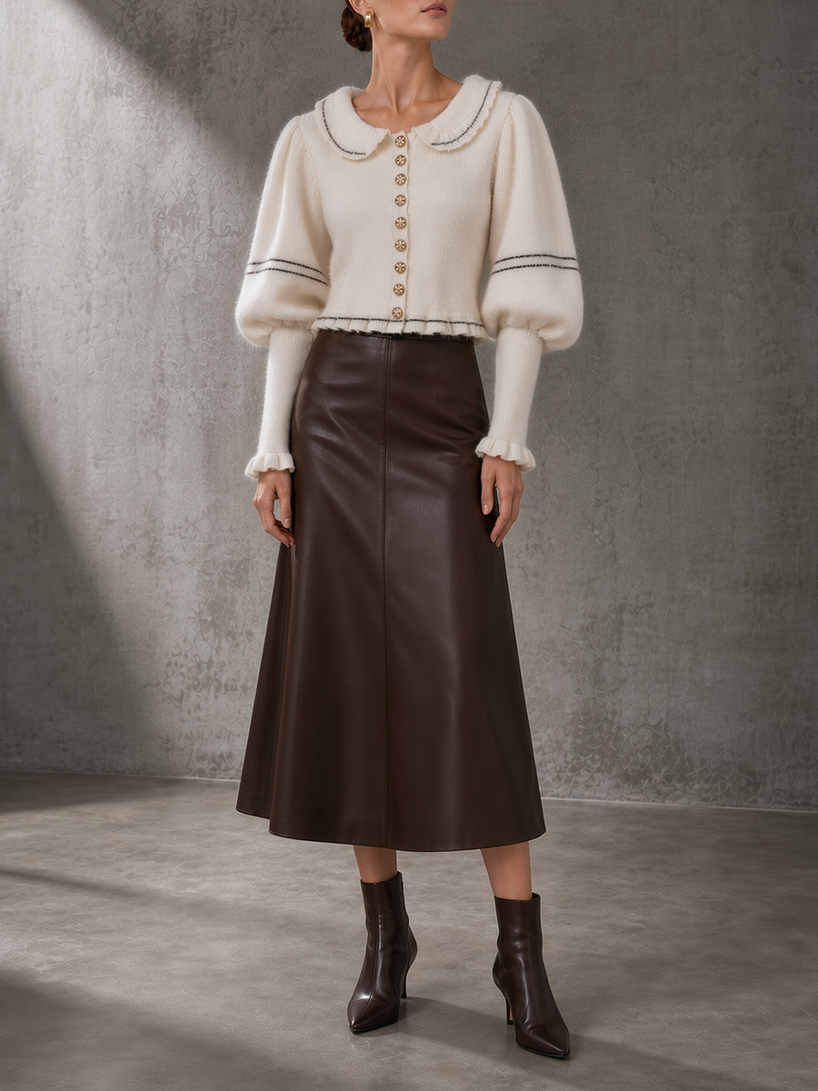 Cream Peter Pan Collar Cardigan & Chocolate Leather Midi Skirt Set