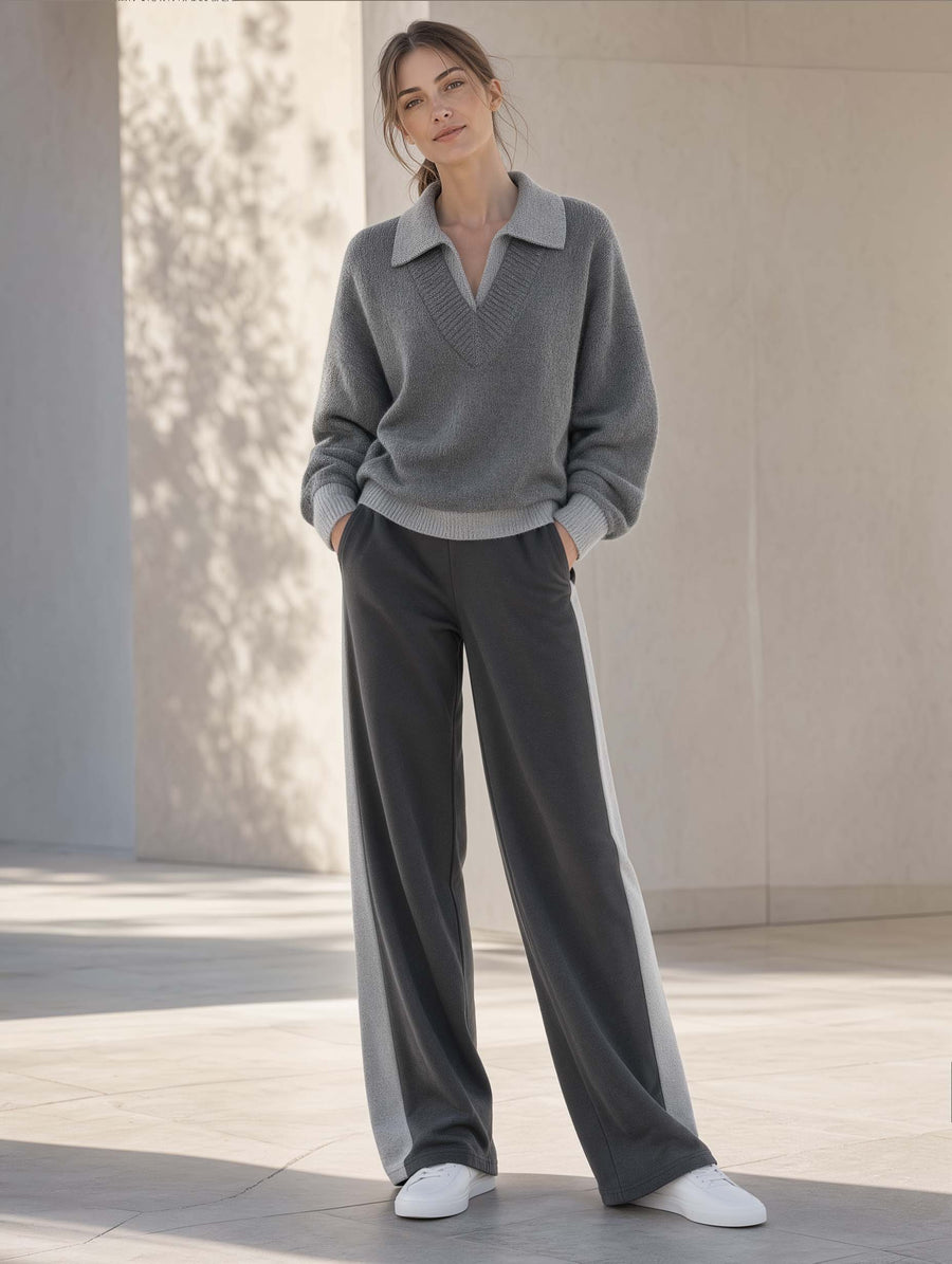 Grey-toned Fashion Set Featuring A Collared Long-sleeve Sweater And Wide-leg Trousers