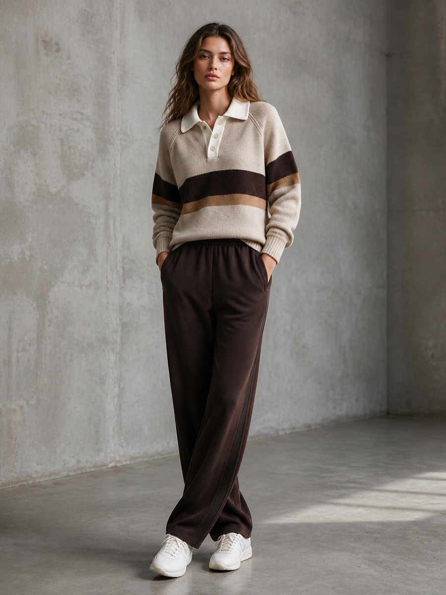 Oatmeal Stripe Polo Sweater & Brown Wide-Leg Track Pants Set