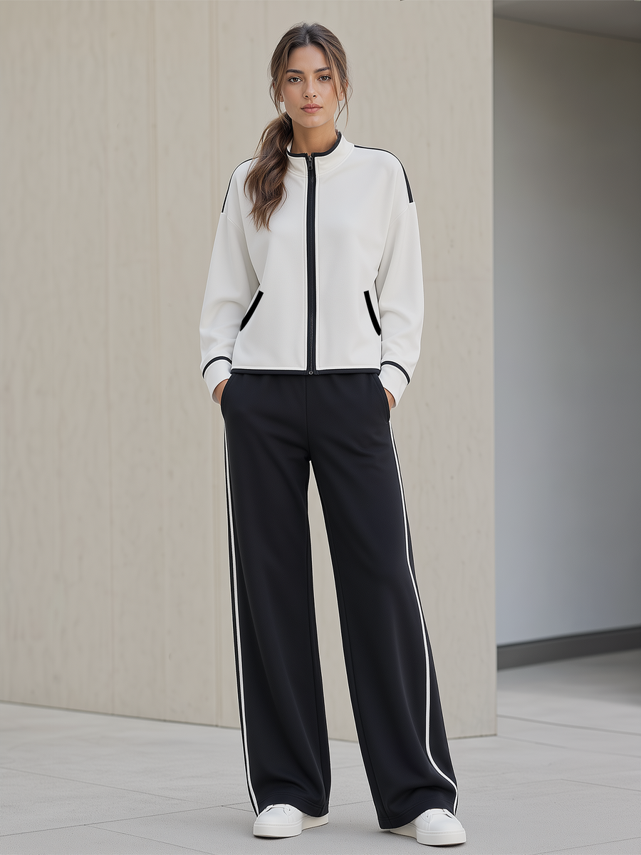 White‑Black Contrast Stand Collar Zip‑Up Tracksuit Set