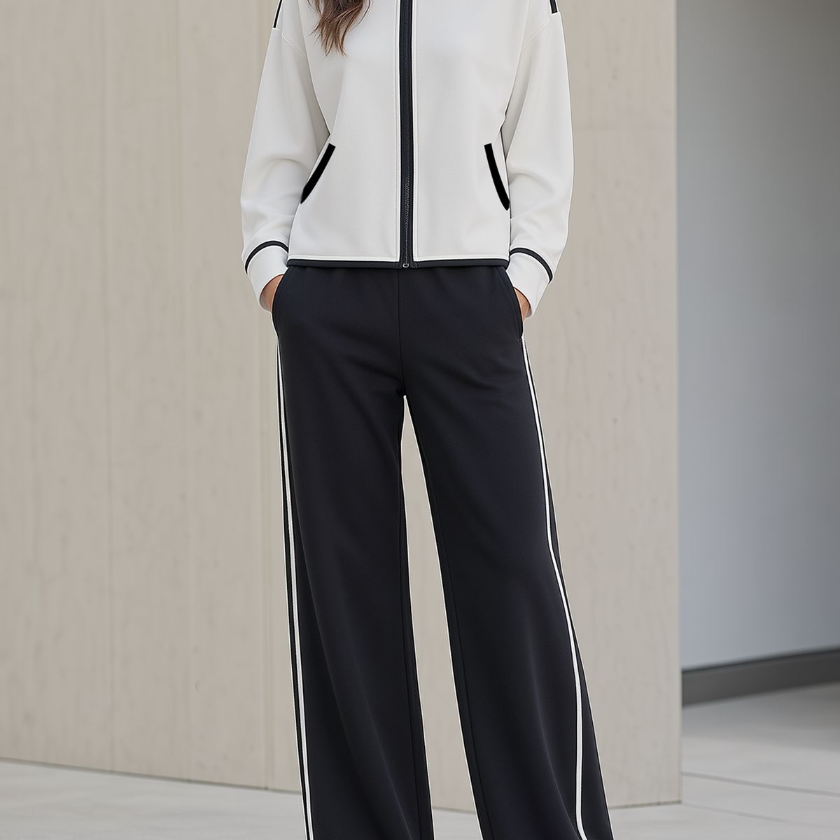 White‑Black Contrast Stand Collar Zip‑Up Tracksuit Set