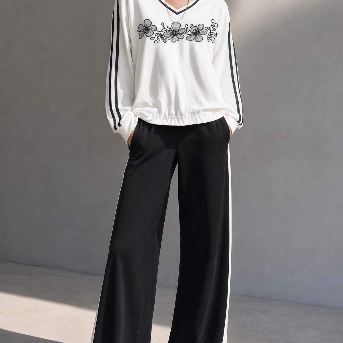 Black And White Color-Block V-Neck Embroidered Long-Sleeve Top And Wide-Leg Pants Set