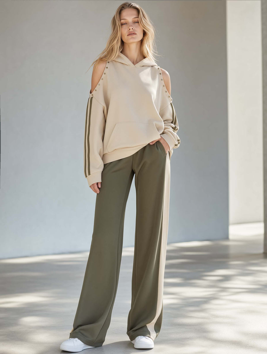 Stylish Khaki Off-Shoulder Long-Sleeve Hoodie And Color-Block Pants Set