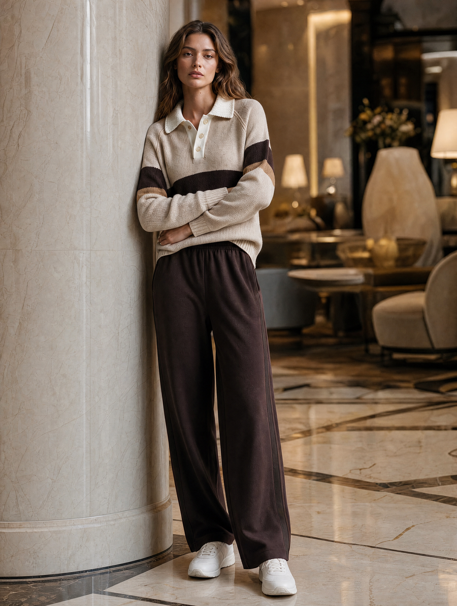 Oatmeal Stripe Polo Sweater & Brown Wide-Leg Track Pants Set