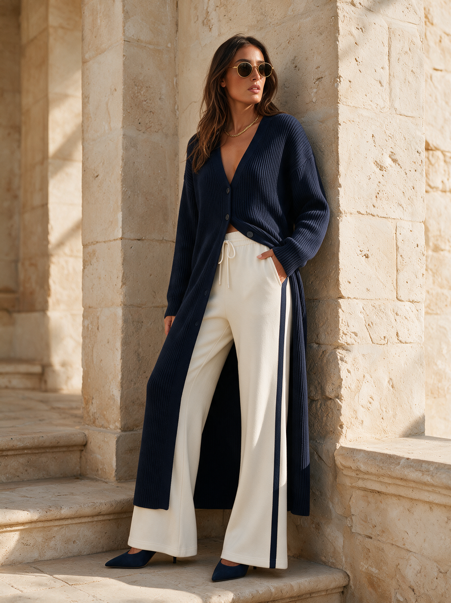 Navy Longline Knit Cardigan & Cream Side-Stripe Wide-Leg Pants Set