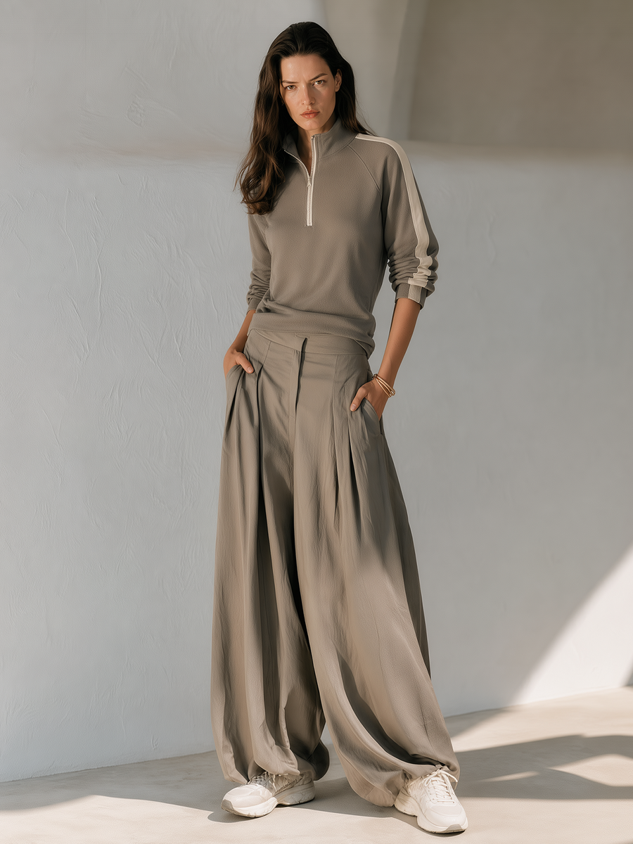 Khaki Color-block Half-zip Top And Wide-leg Casual Trousers Set