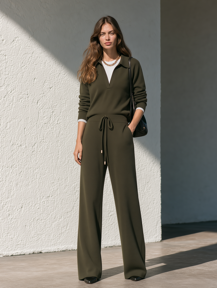 Army Green Knitted Polo Sweatshirt And Wide-Leg Pants Set