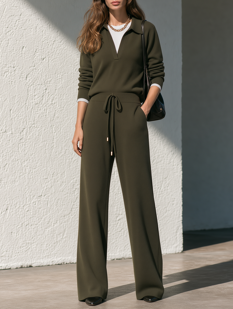 Army Green Knitted Polo Sweatshirt And Wide-Leg Pants Set