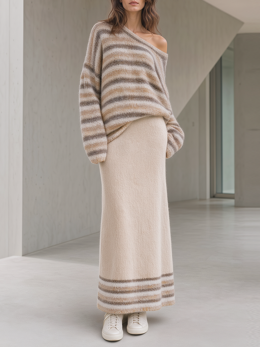 Brown Striped Off‑Shoulder Knit Top Maxi Skirt Set