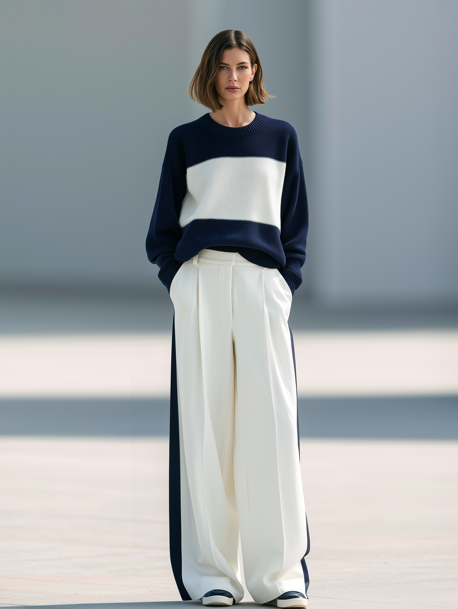 Navy And White Color-block Sweater And Wide-leg Tailored Trousers Set
