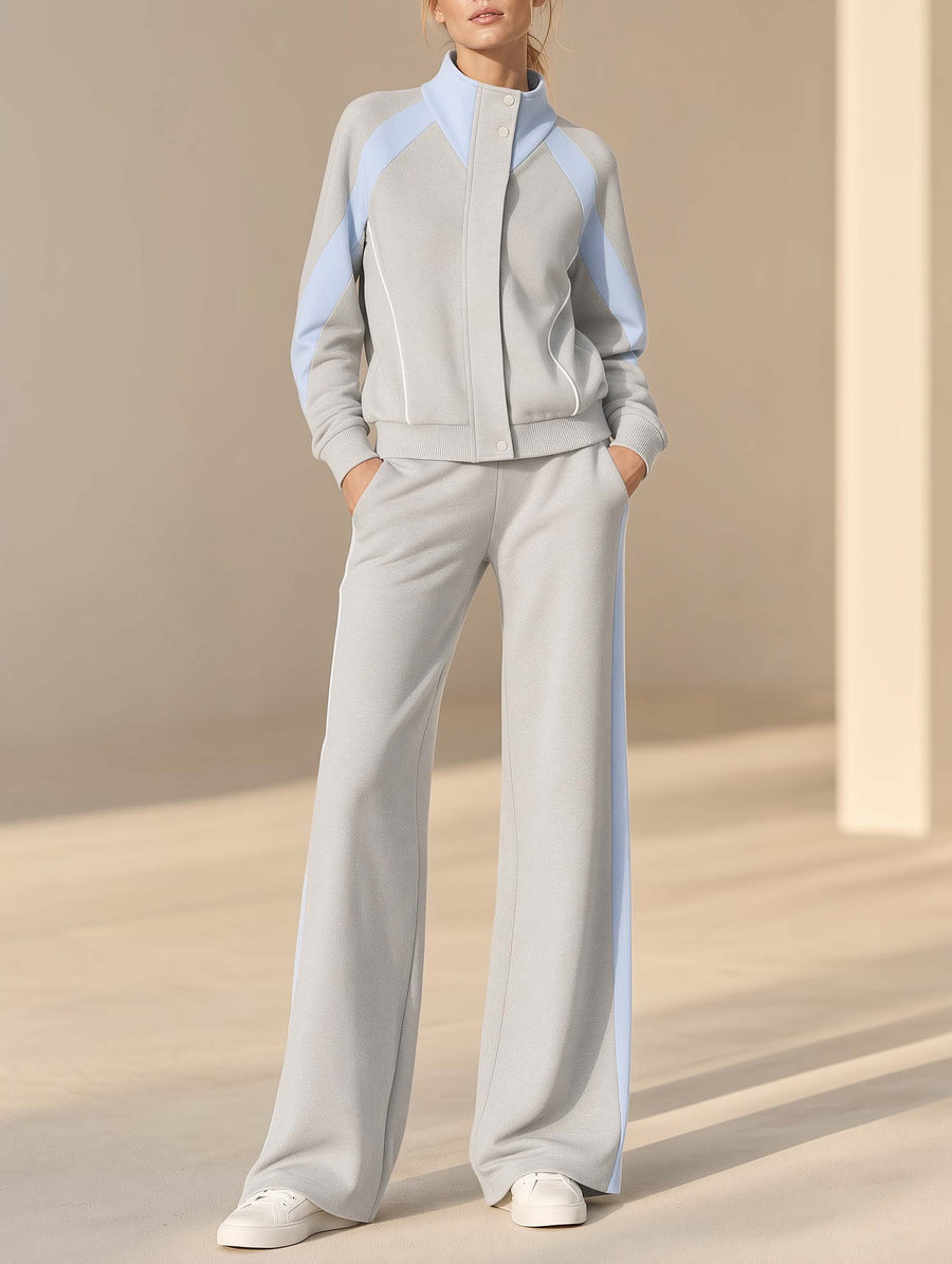 Stylish Sporty Grey And Light Blue Color-block Long-sleeve Top And Trousers Set
