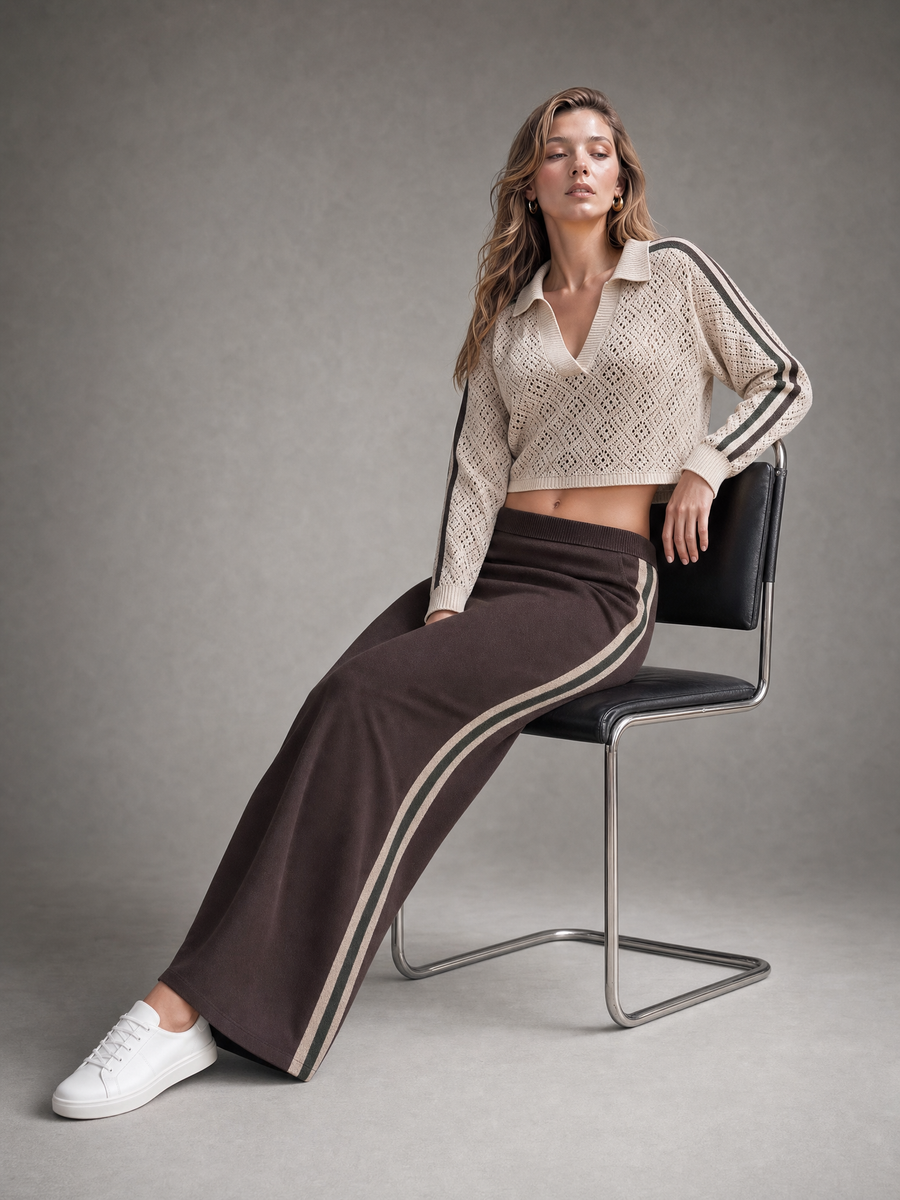 Beige Pointelle Knit Polo & Brown Side-Stripe Maxi Skirt Set