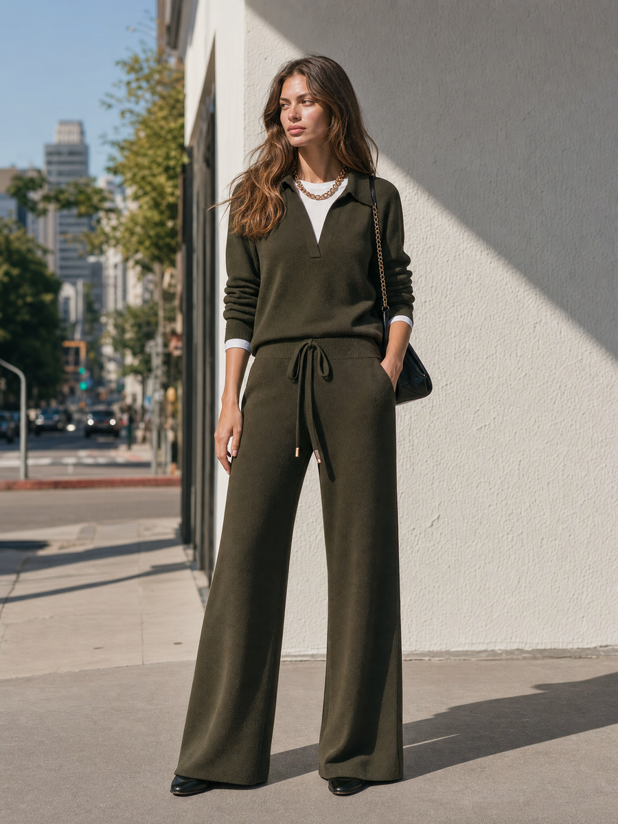 Army Green Knitted Polo Sweatshirt And Wide-Leg Pants Set