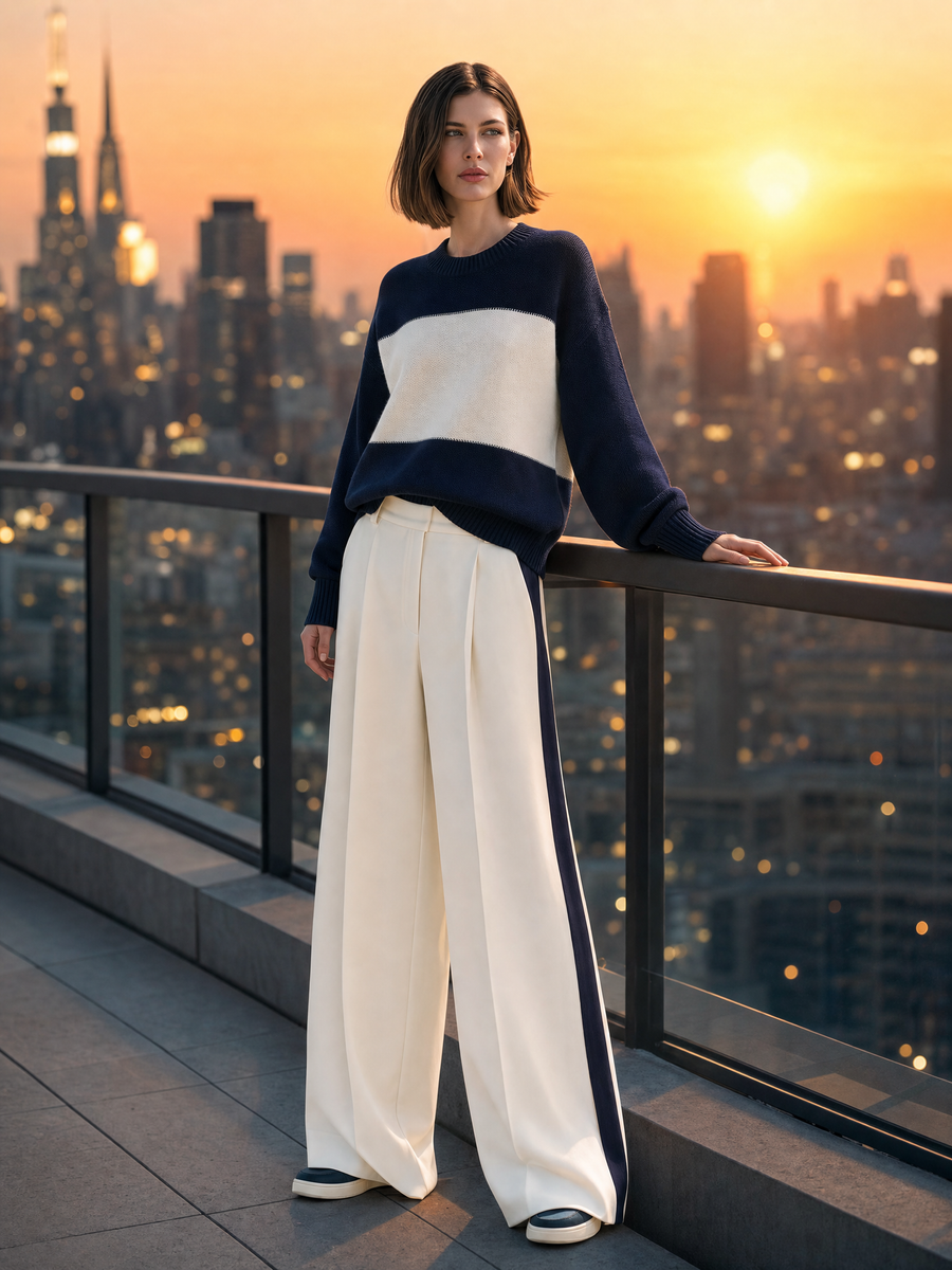 Navy And White Color-block Sweater And Wide-leg Tailored Trousers Set