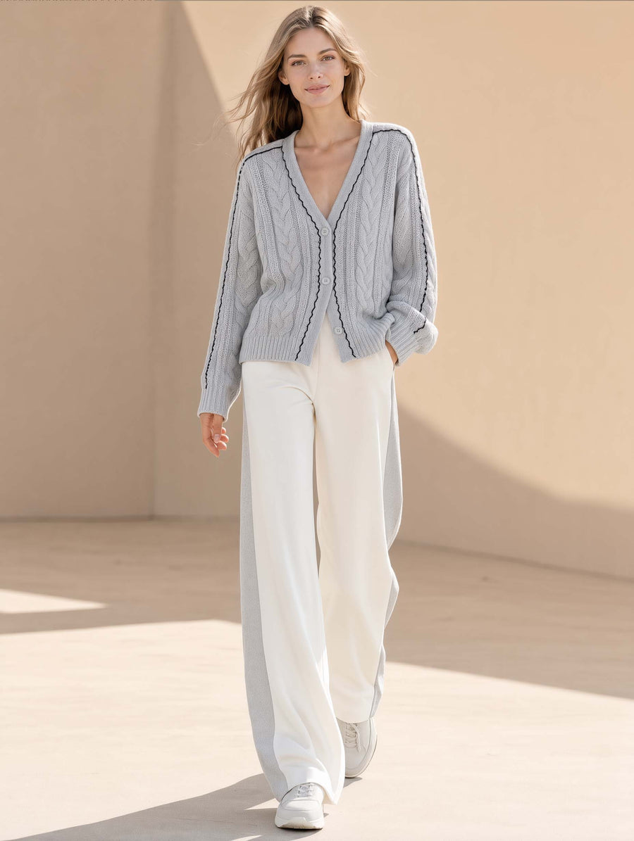 Grey Long-sleeve Cardigan And White Color-block Wide-leg Trousers Set