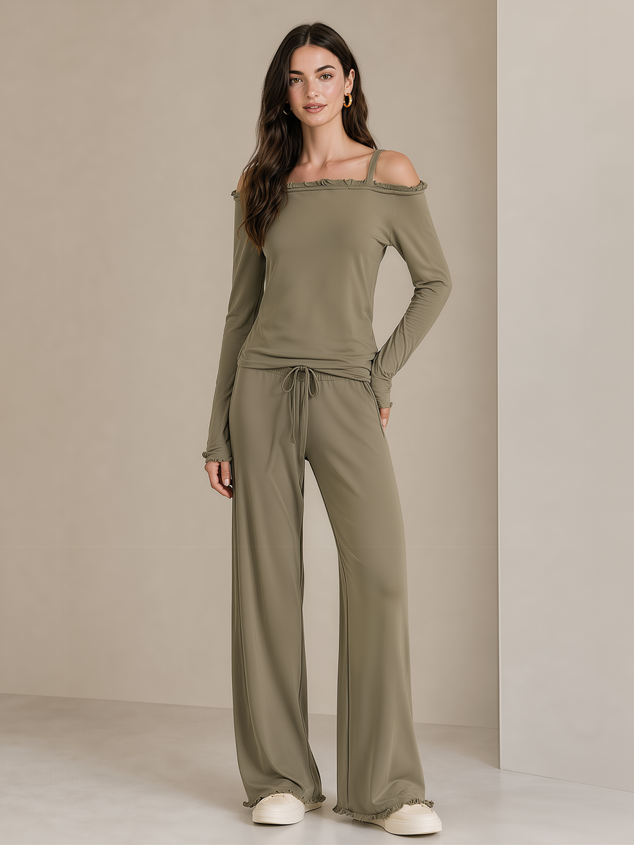 Olive Green Ruffle Off‑Shoulder Drawstring Wide Leg Pants Two‑Piece Set