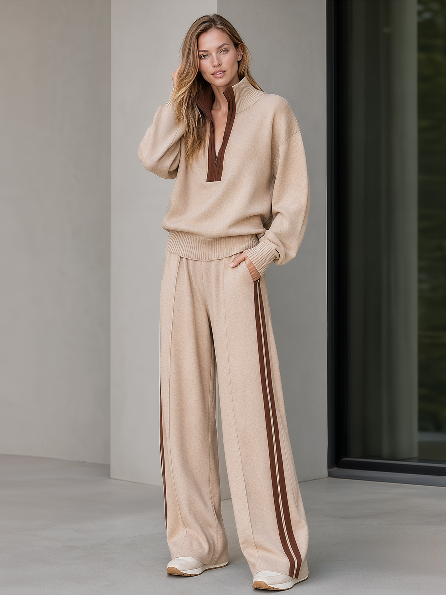 Oatmeal And Brown Color-block Half-zip Knit Top And Wide-leg Trousers Set