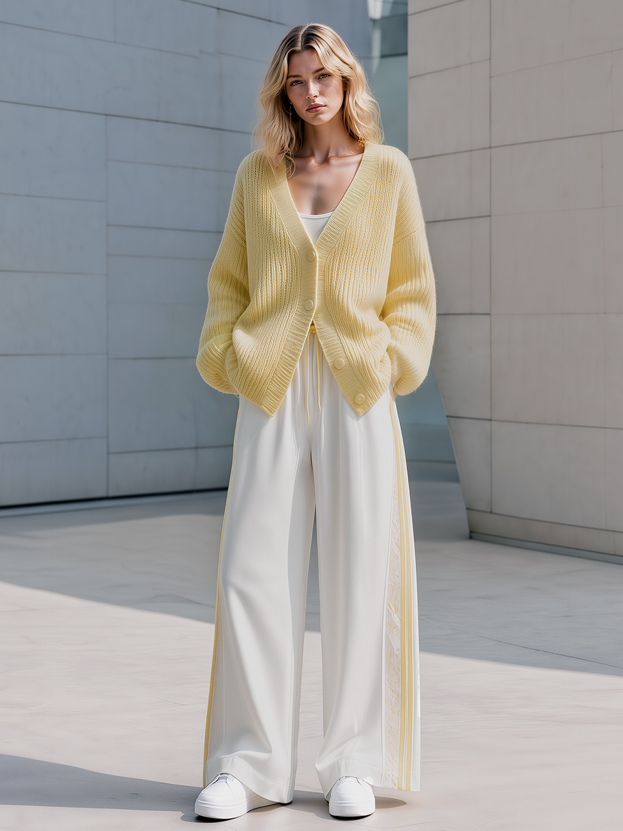Pale Yellow V-neck Knit Cardigan And Trousers Set Featuring Side Lace Stripe Paneling