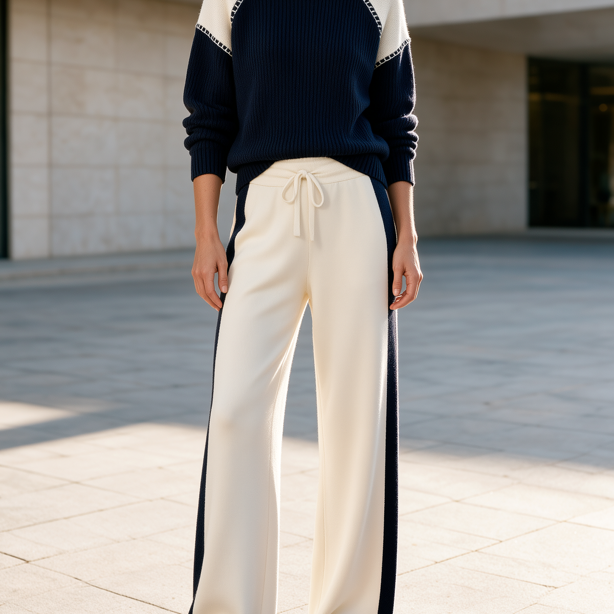 Navy And White Color-block Sweater And Wide-leg Trousers Set