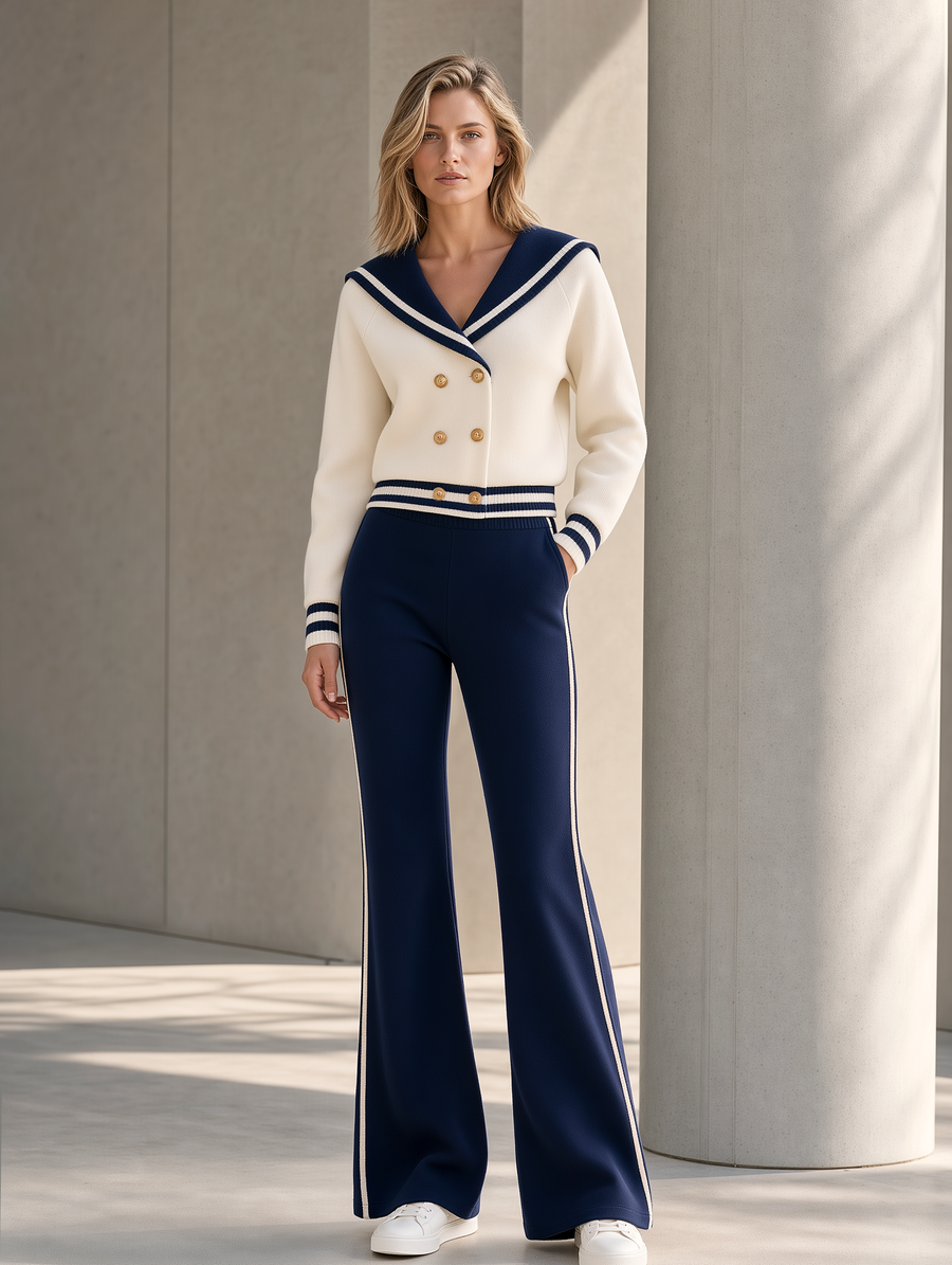 Off-white Double-breasted Jacket And Navy Blue Flared Trouser Set