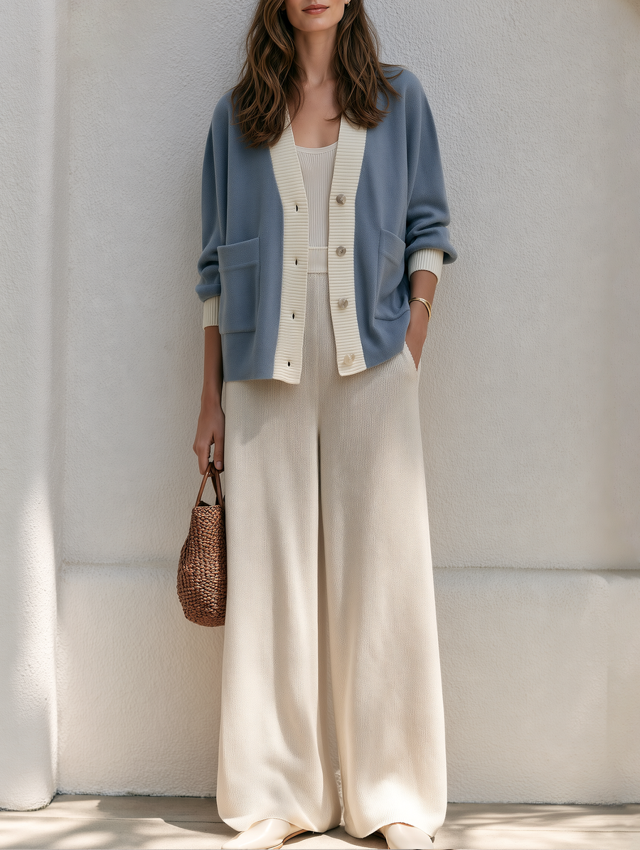 Hazy Blue Knit Cardigan And Trousers Set With Pockets