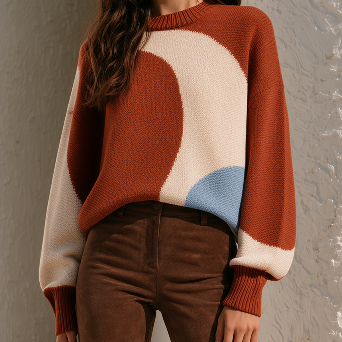 Retro Rust-Red Geometric Color-Block Jacquard Sweater