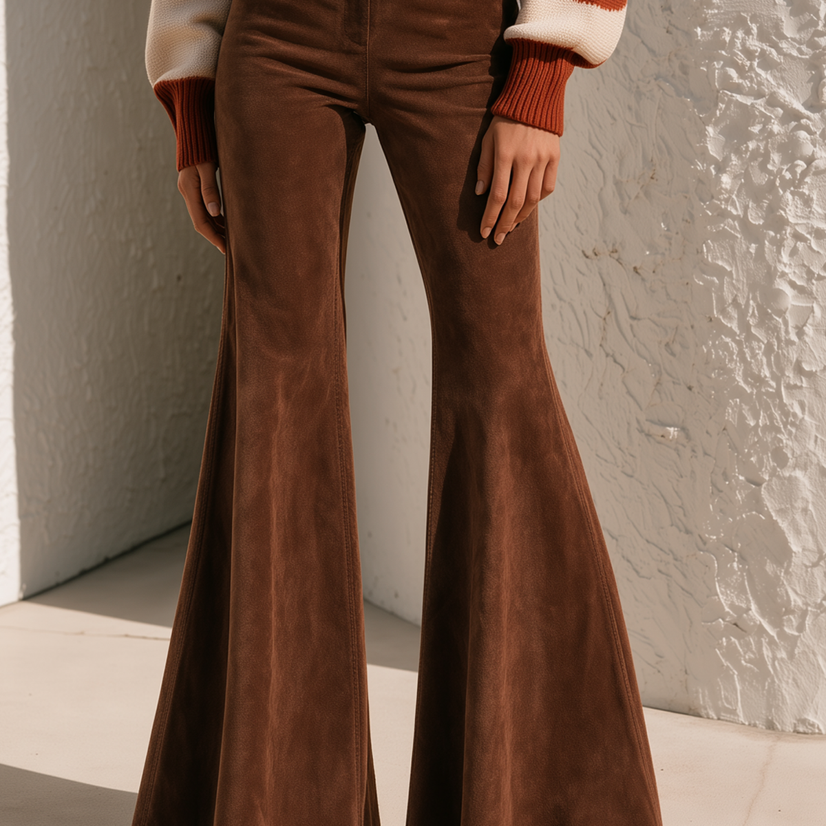 Retro Brown Stretchy Flared Trousers That Create A Tall Silhouette