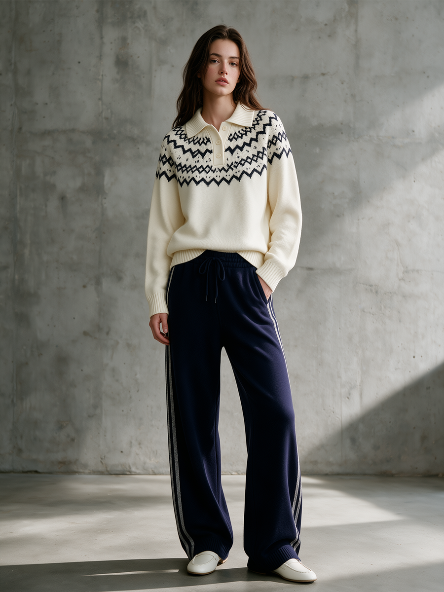 Fair Isle Knit Polo & Navy Side-Stripe Wide-Leg Pants Set