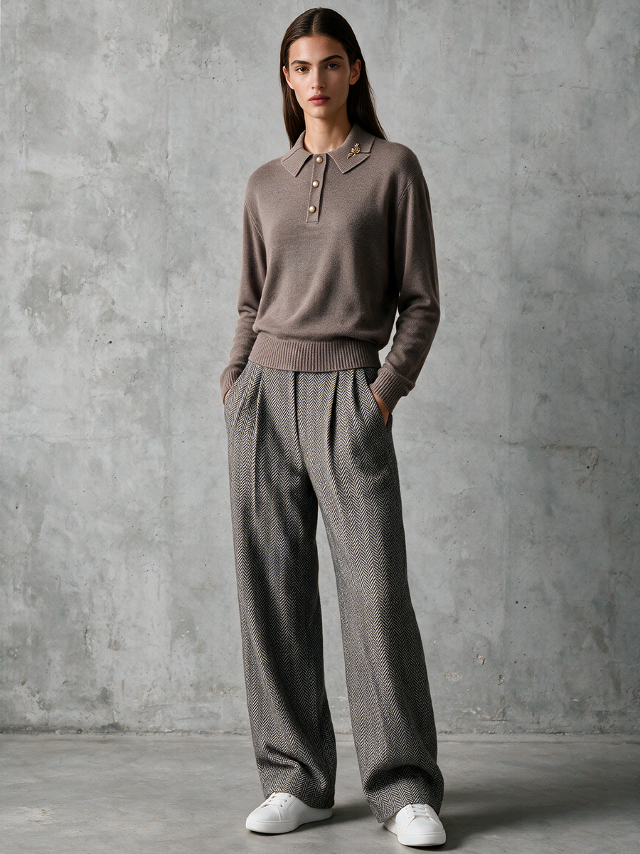 Mocha Pearl-Button Knit Polo & Herringbone Wide-Leg Trousers Set