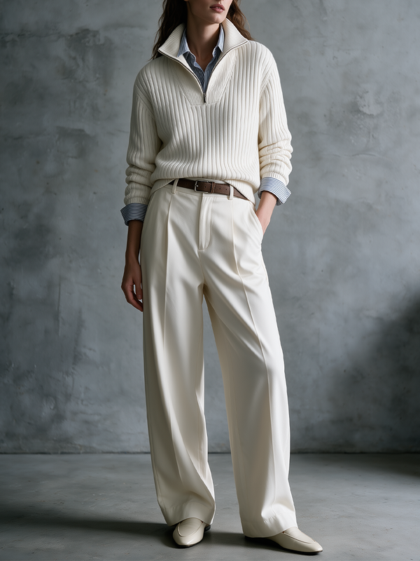 Cream Ribbed Half-Zip Sweater & Wide-Leg Trousers Set