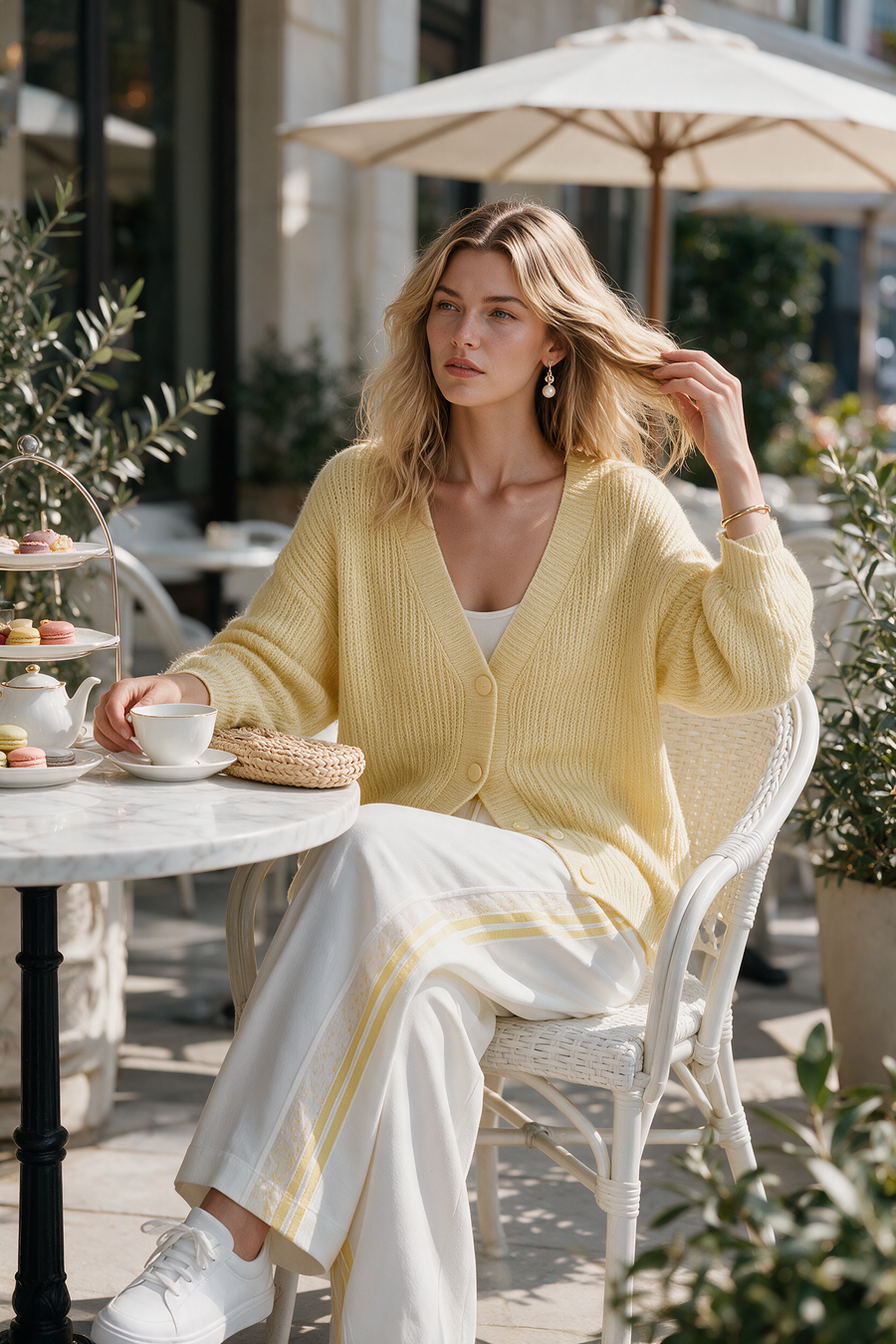 Pale Yellow V-neck Knit Cardigan And Trousers Set Featuring Side Lace Stripe Paneling