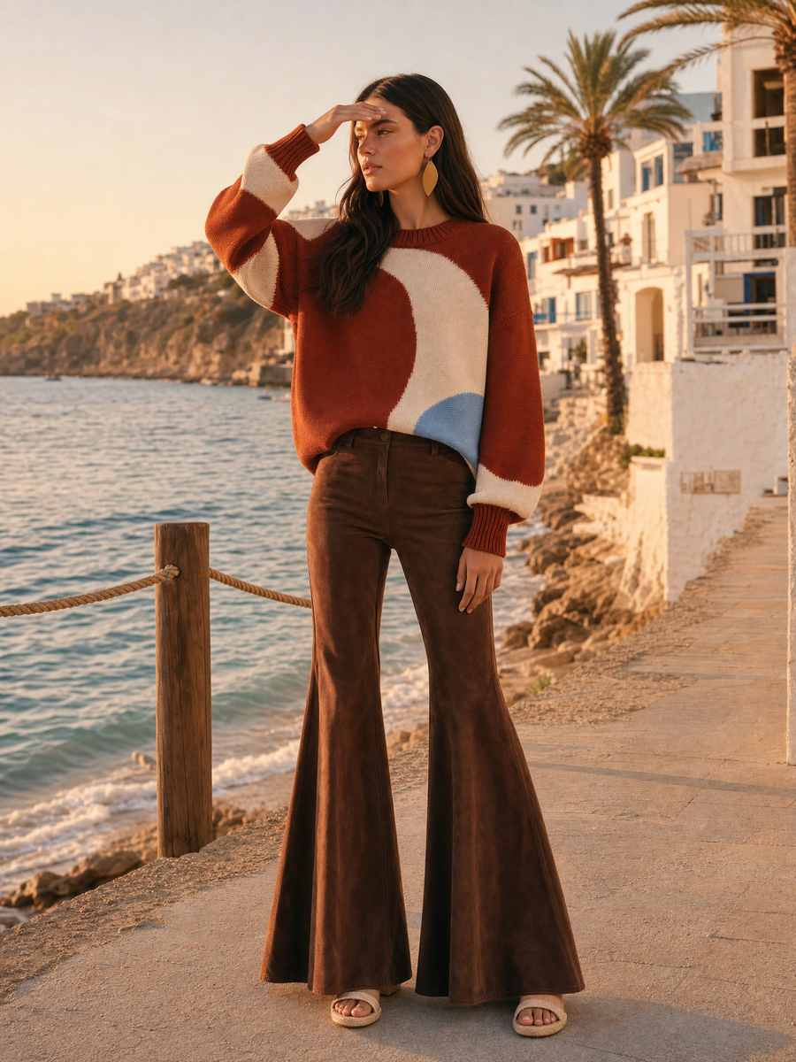 Retro Rust-Red Geometric Color-Block Jacquard Sweater