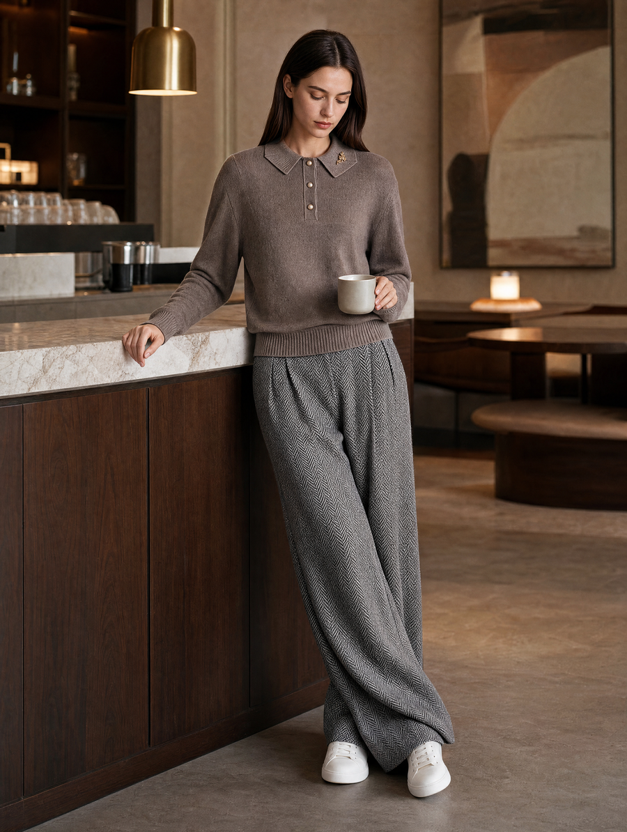 Mocha Pearl-Button Knit Polo & Herringbone Wide-Leg Trousers Set