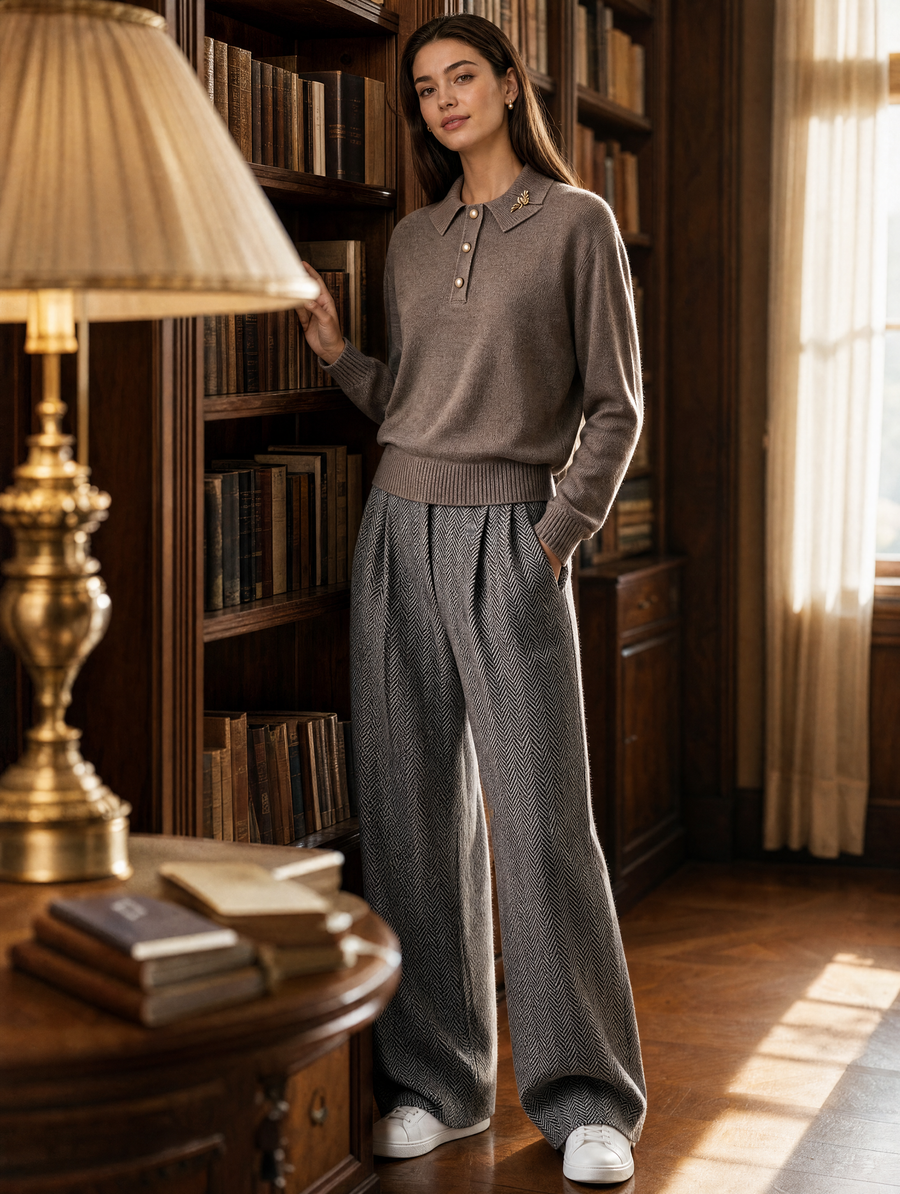 Mocha Pearl-Button Knit Polo & Herringbone Wide-Leg Trousers Set