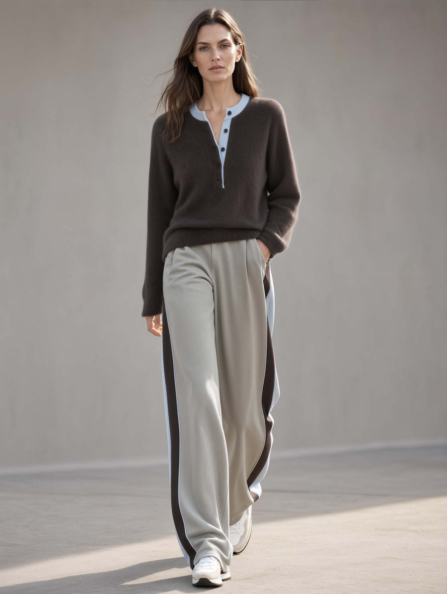 Stylish Casual Brown And Blue Color-Block Long-Sleeve Sweater And Grey Wide-Leg Pants Set