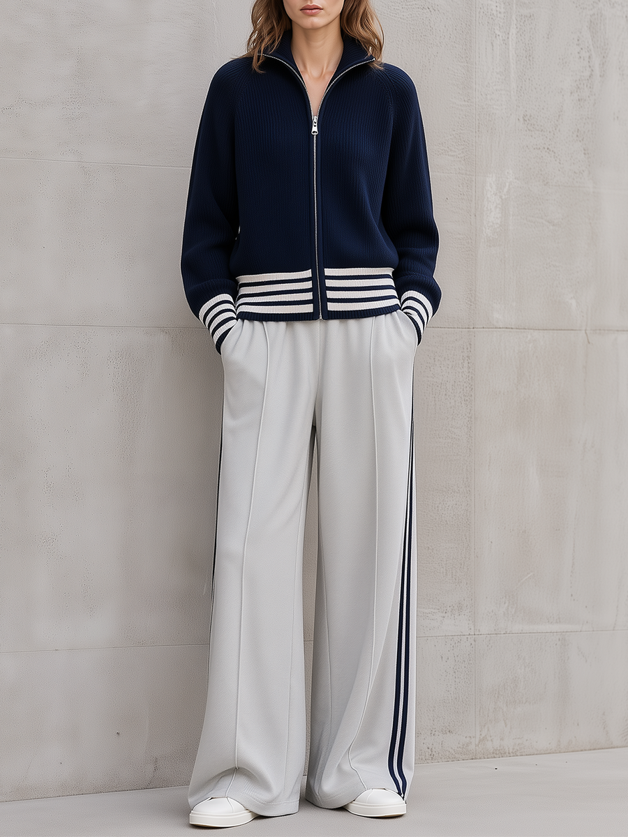 Navy Stripe Zip‑Up Knit Jacket Light Grey Side‑Stripe Wide Leg Pants Set