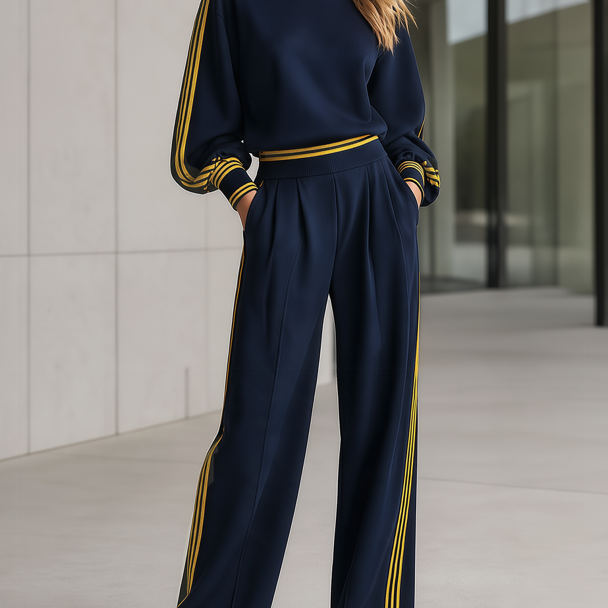Navy Color-block Striped Drop-shoulder Top And Wide-leg Trousers Set