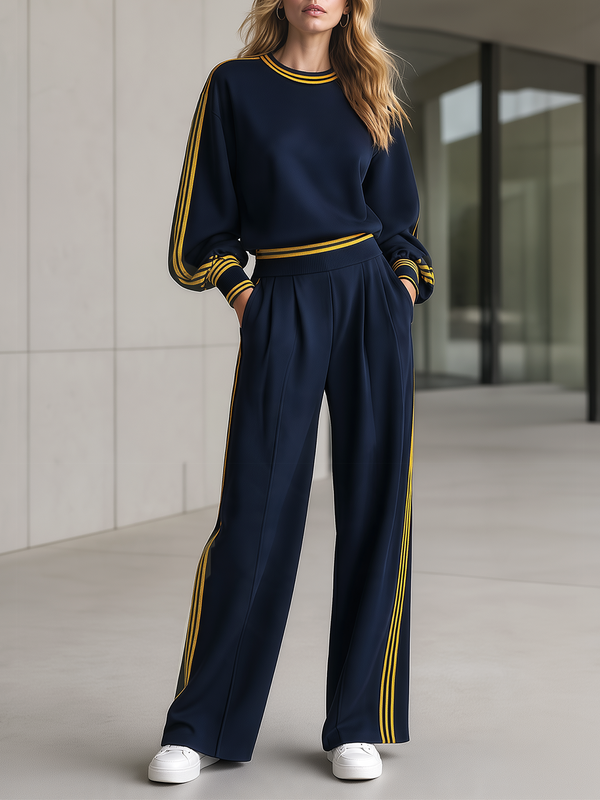 Navy Color-block Striped Drop-shoulder Top And Wide-leg Trousers Set