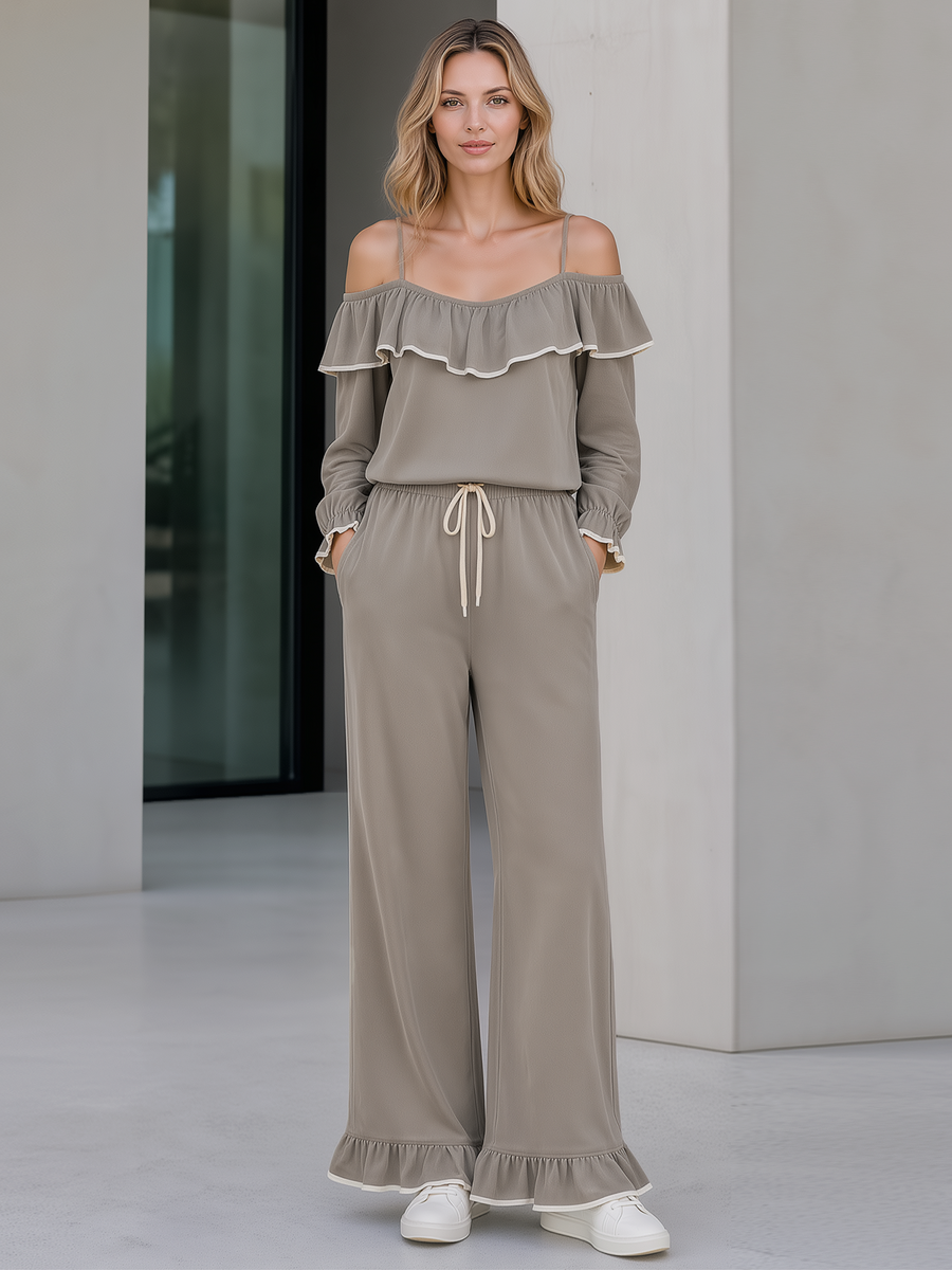 Taupe Ruffle Off‑Shoulder Cami Wide Leg Pants Two‑Piece Set