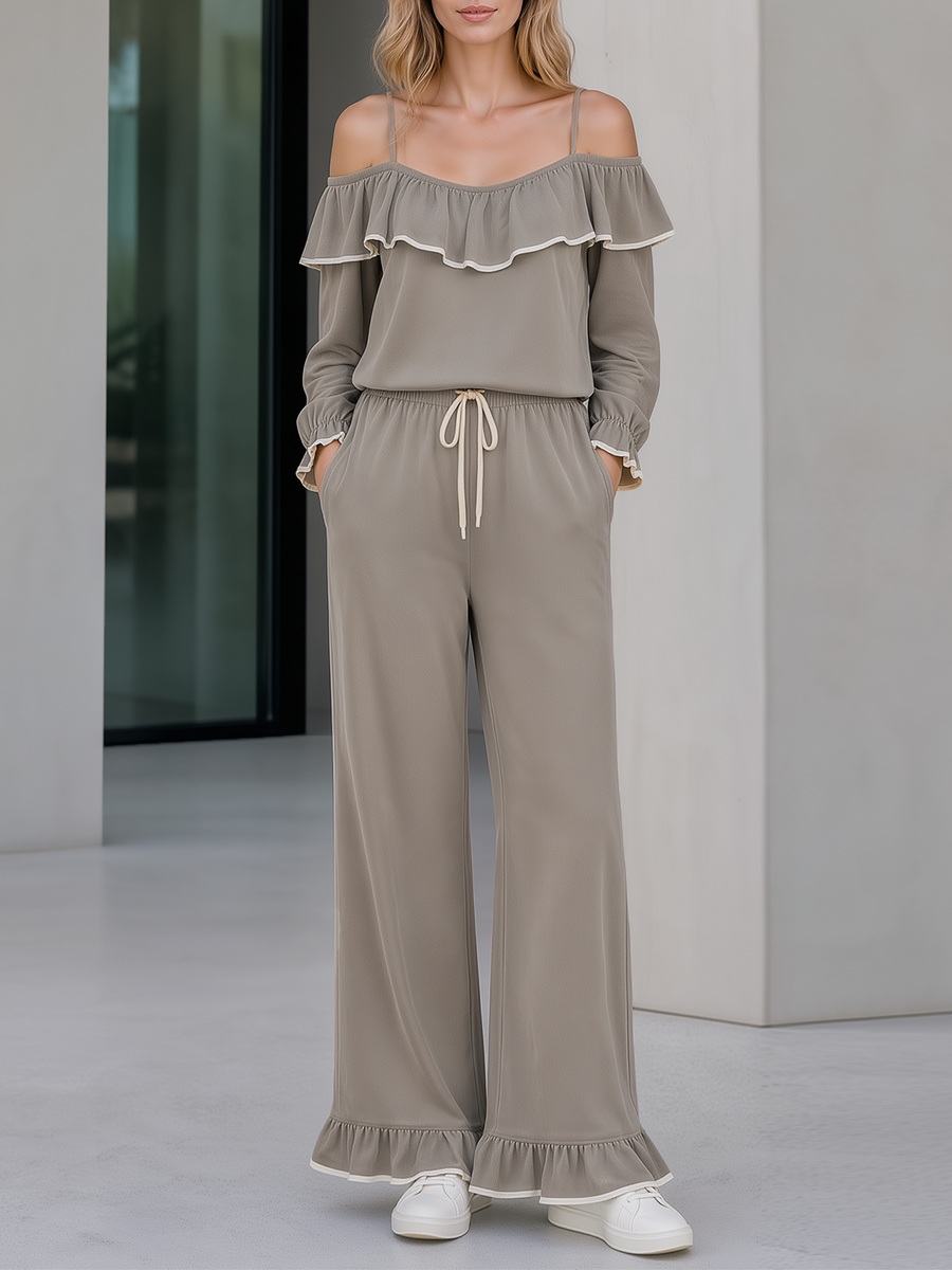 Taupe Ruffle Off‑Shoulder Cami Wide Leg Pants Two‑Piece Set
