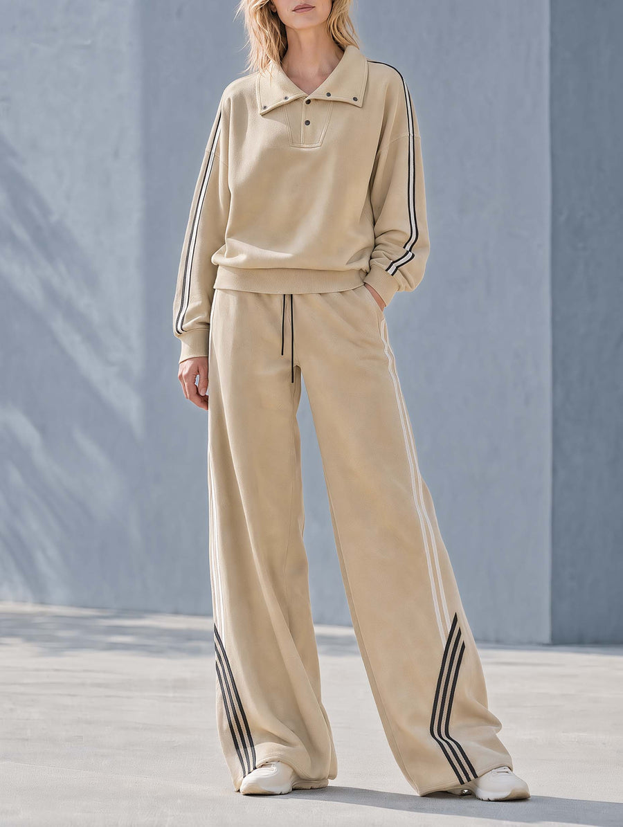 Stylish Sporty Khaki Collared Long-sleeve Top And Wide-leg Trousers Set