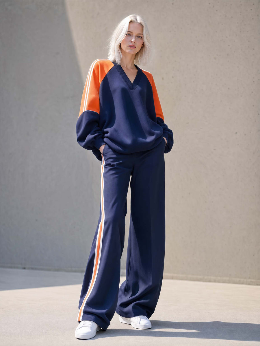 Athleisure-style Navy V-neck Color-block Long-sleeve Top And Wide-leg Pants Set