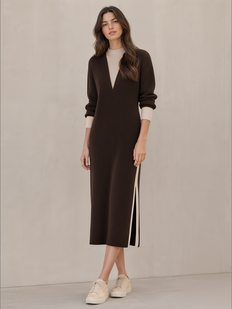 Dark Brown Color-block Faux Two‑Piece Slit Knit Long Skirt