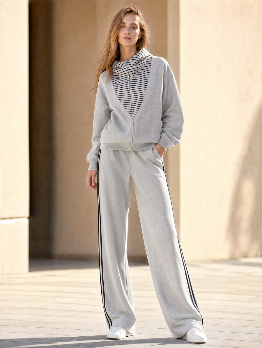 Grey Color-blocked Striped Long-sleeve Hooded Jacket And Wide-leg Pants Set