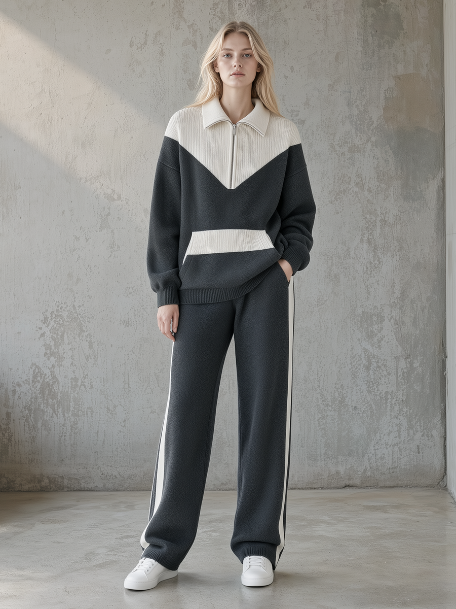 Charcoal Color-Block Half-Zip Knit Top & Side-Stripe Pants Set